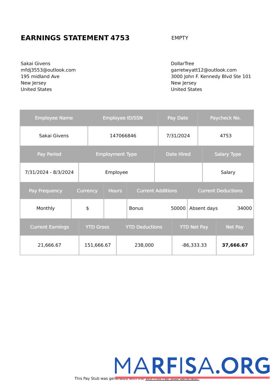 Downloadable DollarTree earning statement example
